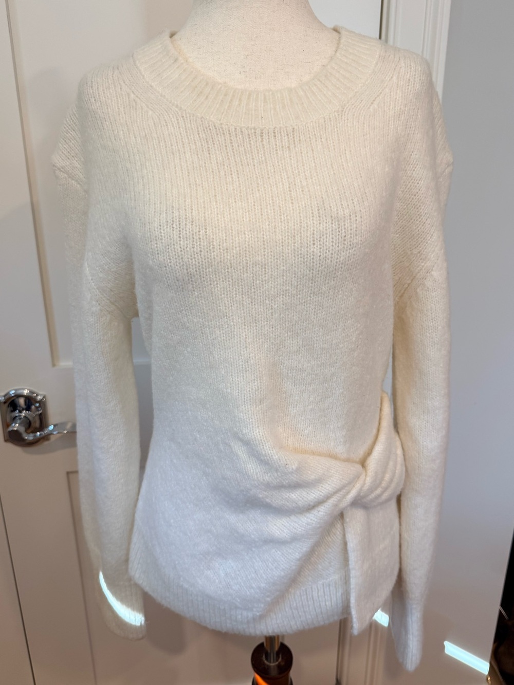 Tanya Taylor Cream Twist-Waist Crewneck Sweater